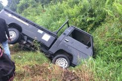 Ngebut di Jalanan Licin, Mobil Pikap Nyungsep di Semak-Semak