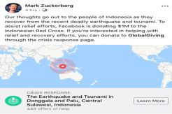 Facebook Kirim Rp15 M Bantu Korban Gempa & Tsunami Sulawesi