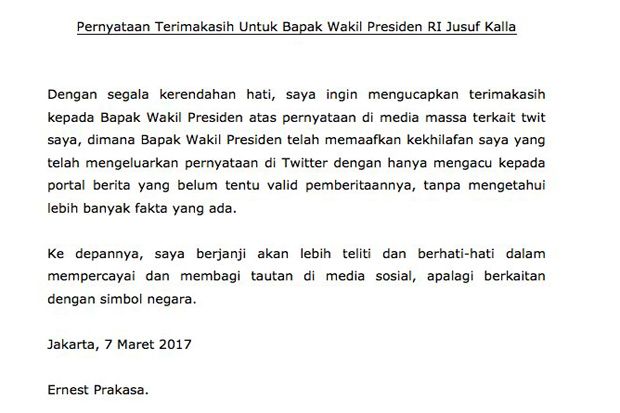 Dimaafkan JK, Ernest...
